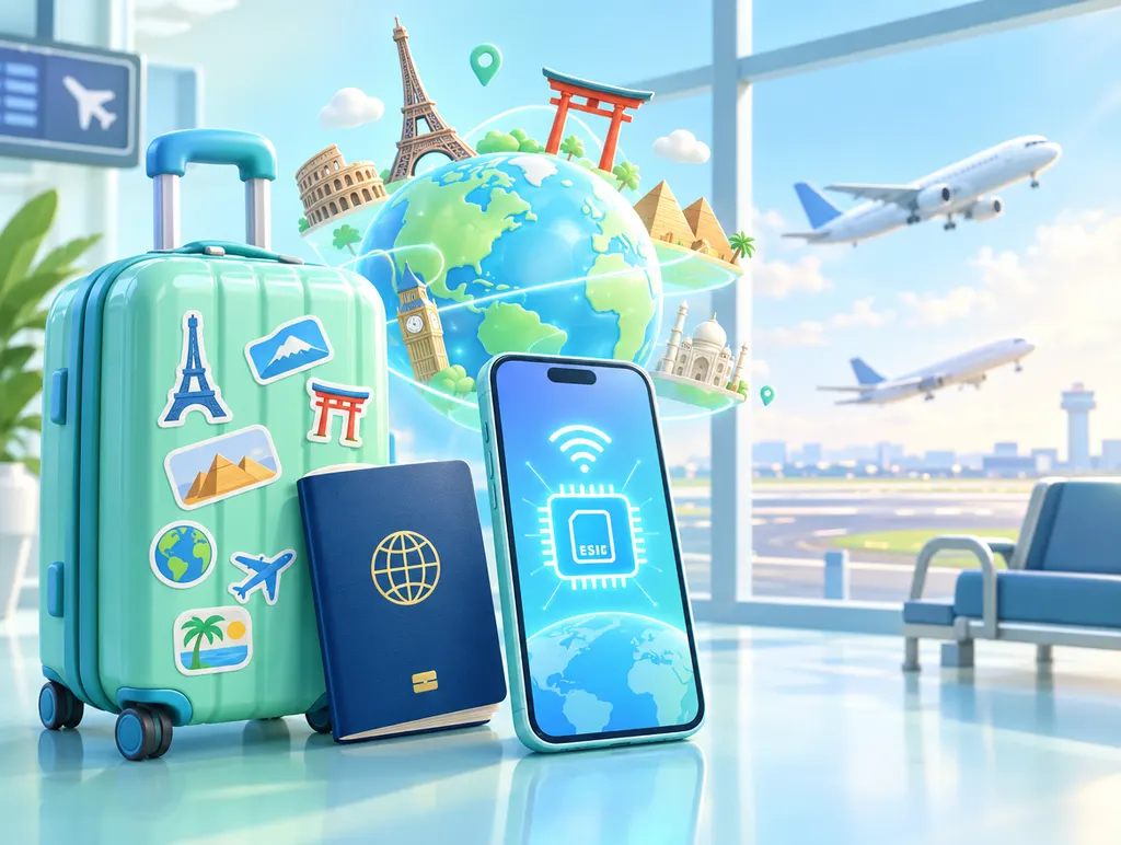 공항 탑승구 앞의 여행 가방과 여권, eSIM 휴대폰과 세계 명소